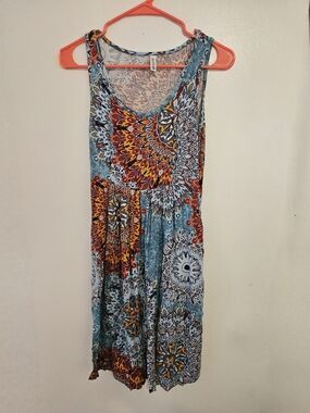 Sleeveless Teal Maxi Dress with Orange Floral Medallions